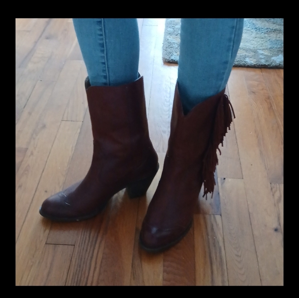Cognac Brown Leather Fringed Mid Calf Cowboy / Line Dancing Boot Sz 7.5 - Picture 4 of 9